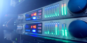 Audio server. Server room in data center full of telecommunication equipment.